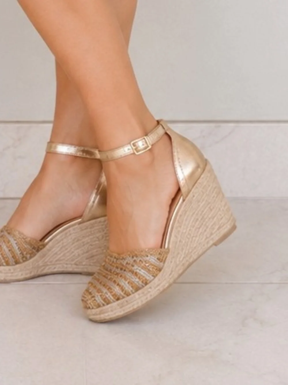 Women's Gold Espadrille Wedge Sandals with Ankle Strap
